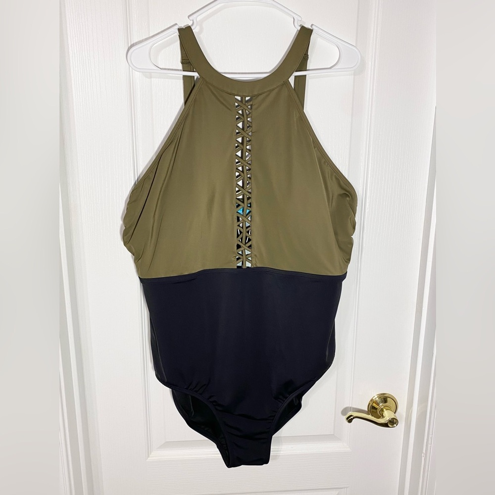 Coastal Blue One Piece Halter Swimsuit w/ Cut Out Detail Olive Black Size 2X
